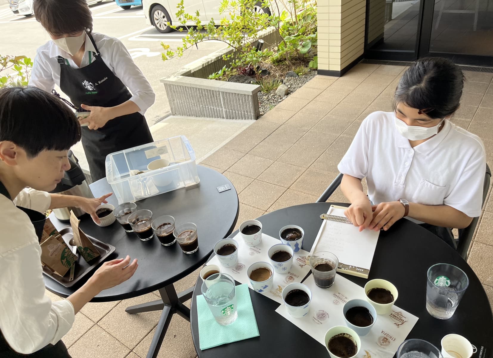 ５種類のコーヒー豆の特徴をノートにまとめています